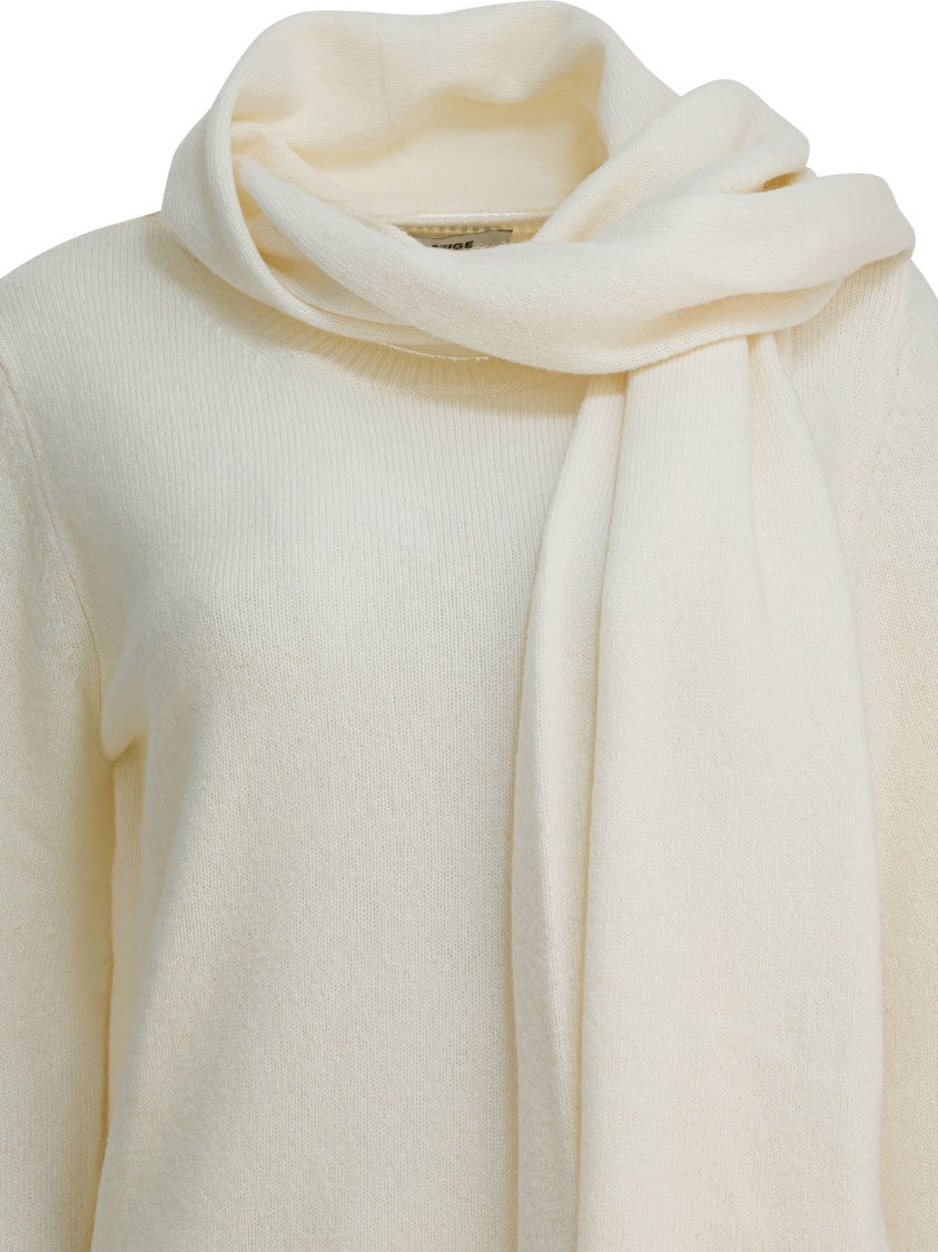 Sandbeige Knitwear With Attached Scarf And Fringed Ends