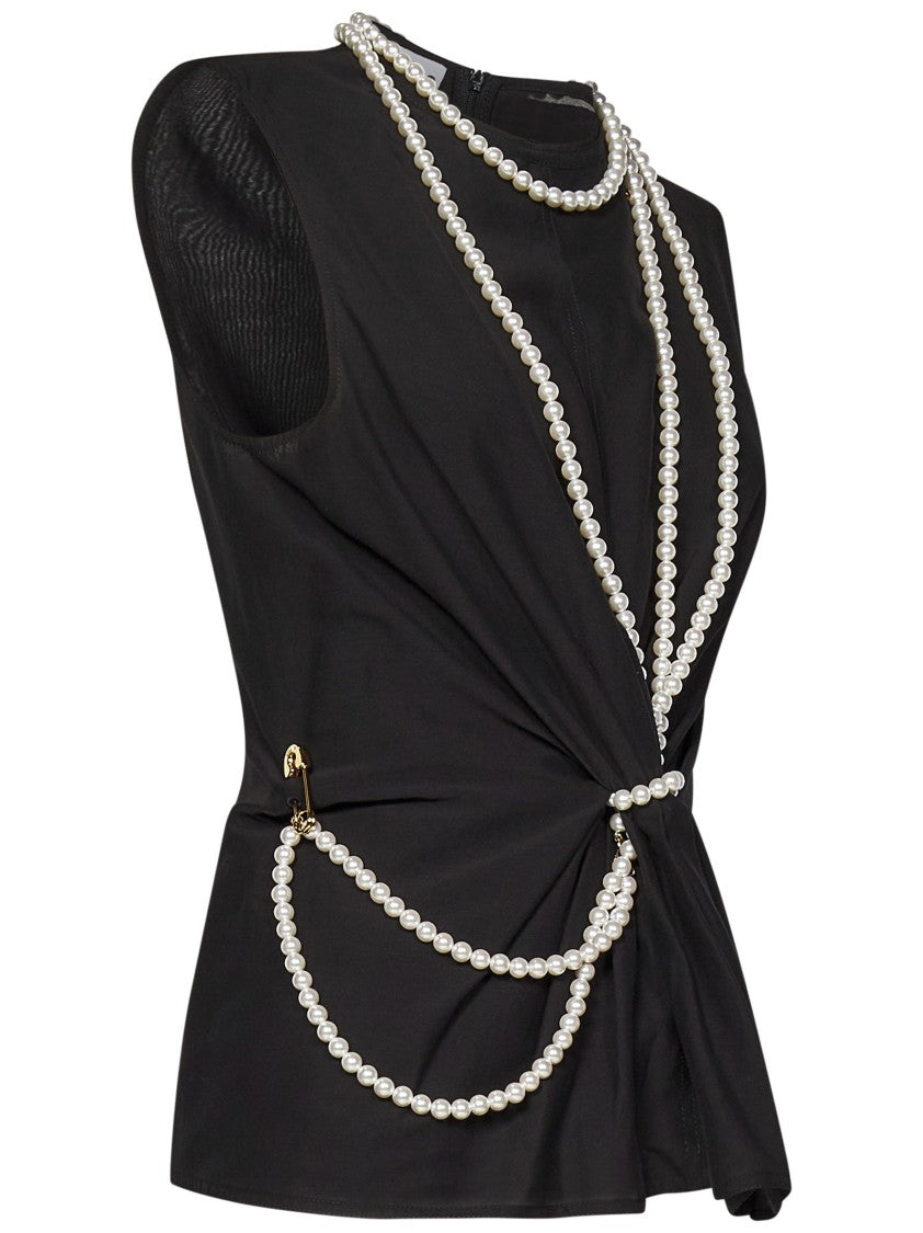 Moschino Tailored Black Sleeveless Top With Maxi Pearl Accents