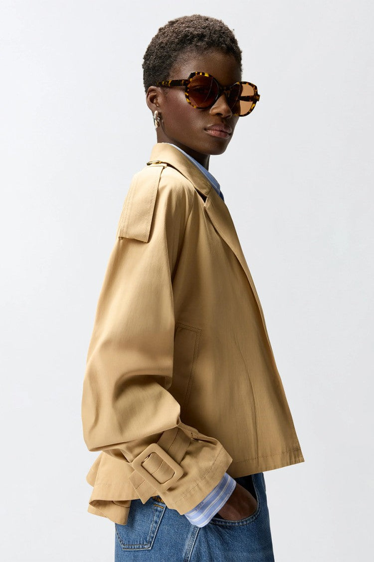 Pinko Beige Self-Belted Epaulettes Cropped Cotton Trench Jacket