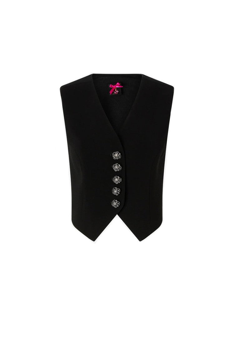 Pinko Black Crystal-Embellished Button Viscose-Blend Waistcoat