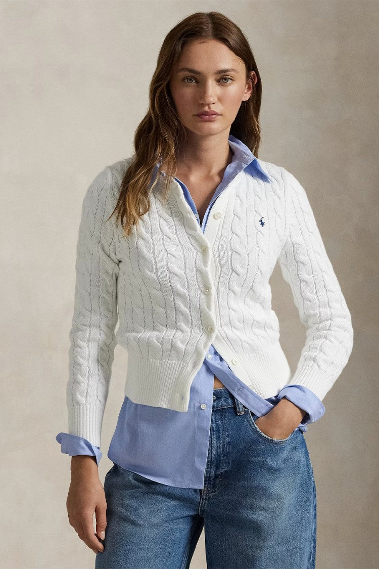 Polo Ralph Lauren White Cotton Cable-Knit Cropped Cardigan