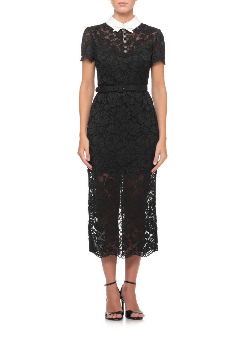 Self-Portrait Intricate Floral Lace Midi Dress With Bow Collar And Jewel Buttons