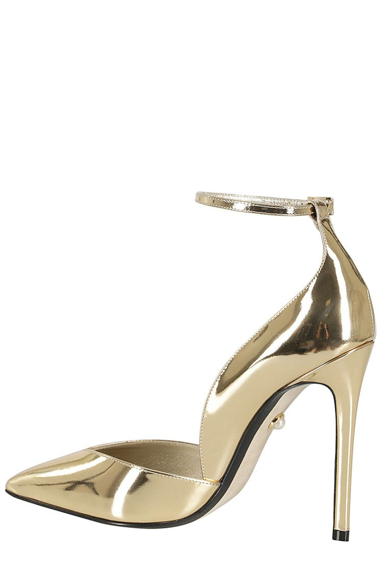 Alevi` Milano Metallic Gold Pointed Pumps With Adjustable Ankle Strap