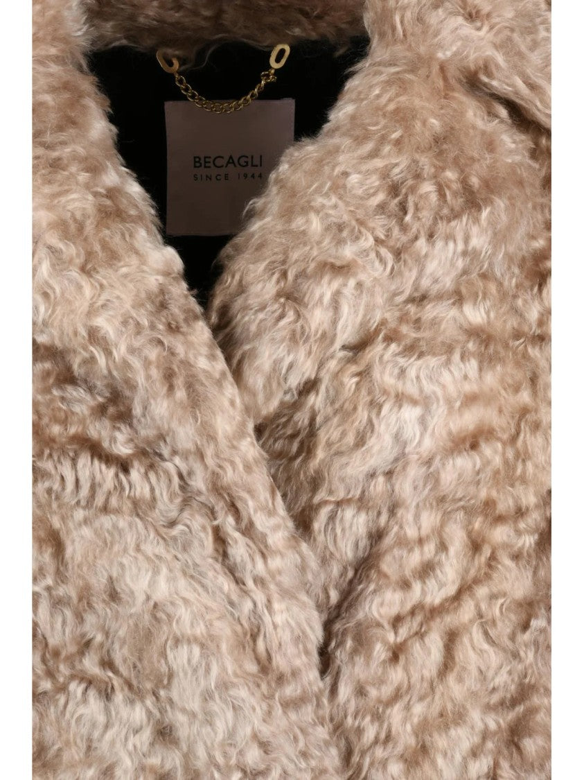 Becagli Beige Curly Mohair Wool-Blend Double-Breasted Coat