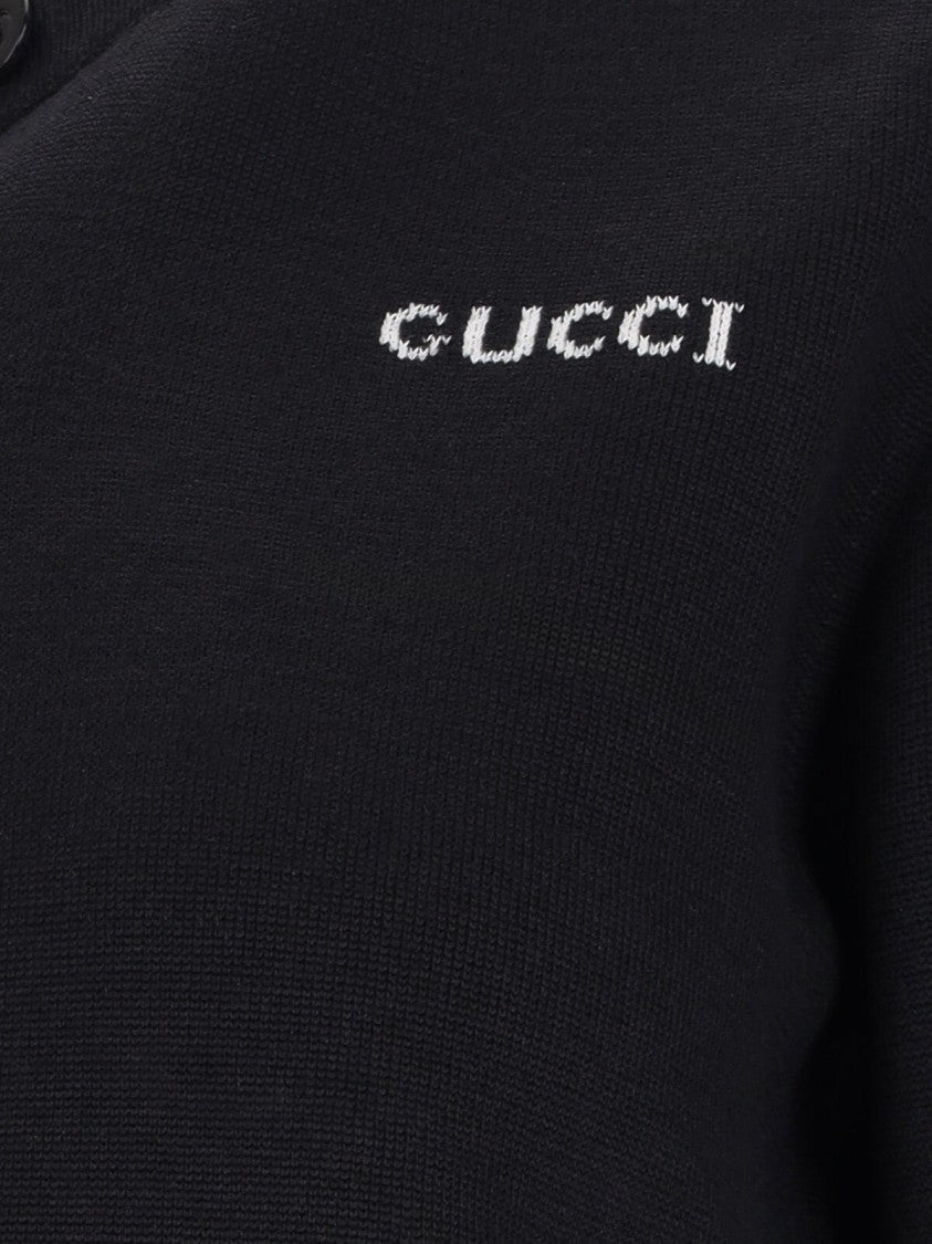 Gucci Intarsia Logo Cardigan In Wool-Silk Blend With Ribbed Finishes