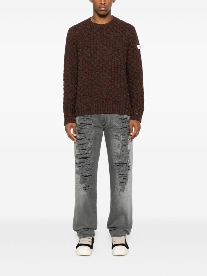Mm6 By Maison Margiela Textured Knit Brown Crewneck Sweater