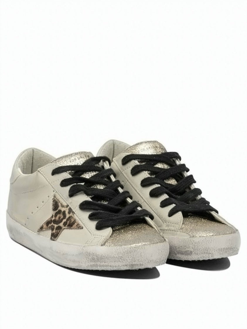Golden Goose Distressed White Leather Sneakers With Leopard Print Star Detail