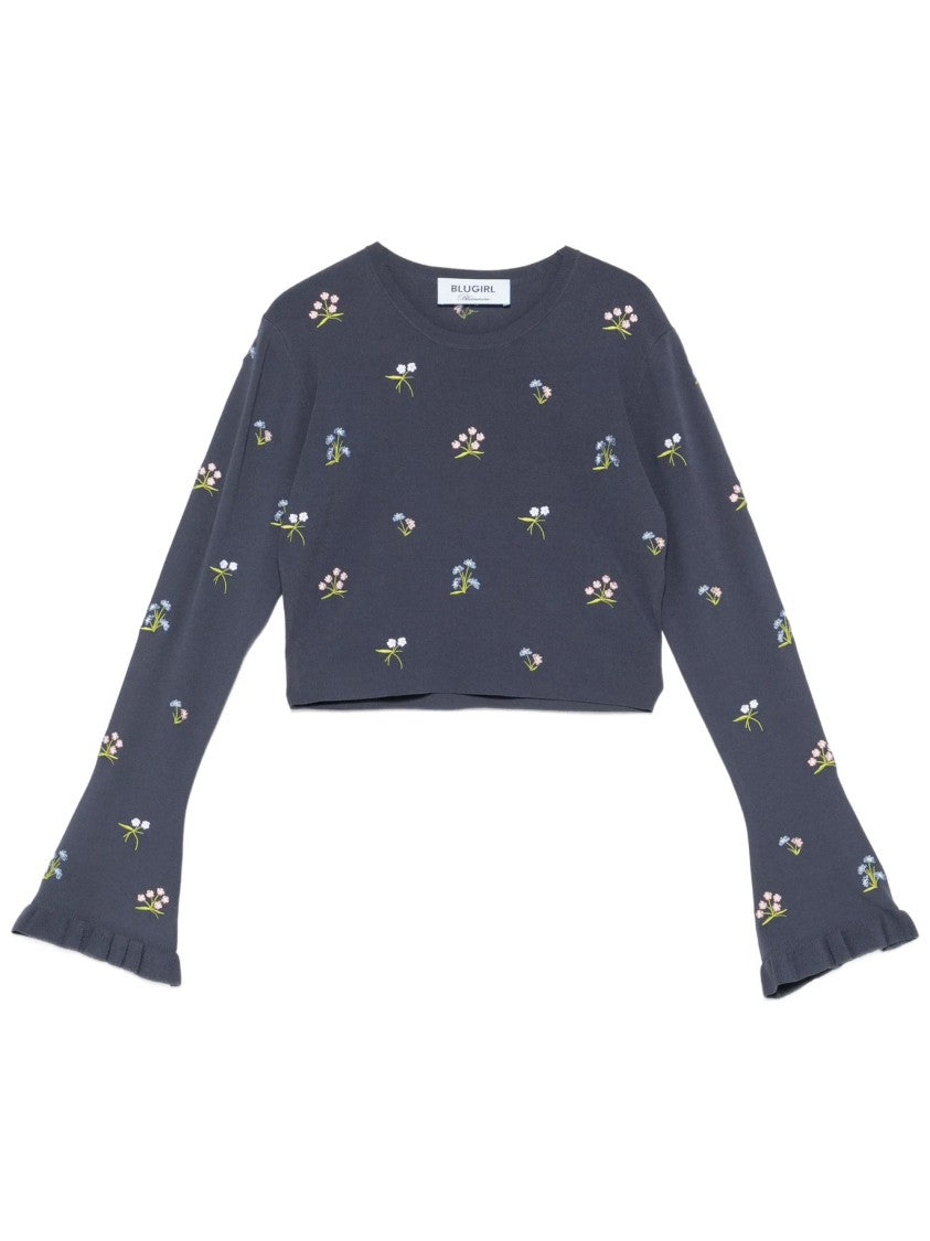 Blugirl Floral Embroidery Cropped Long-Sleeve T-Shirt