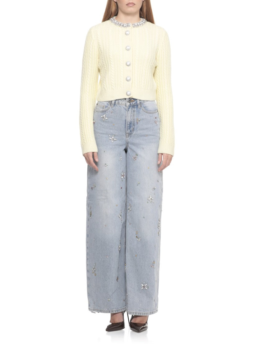 Self-Portrait Cropped Yellow Alpaca Cardigan With Rhinestone Embellishments