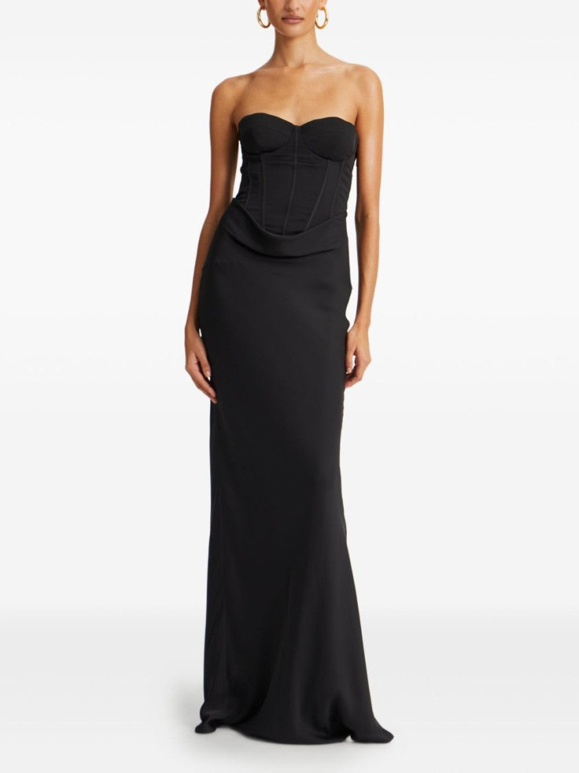 Rotate Strapless Black Evening Dress With Fitted Bodice And Flowing Skirt