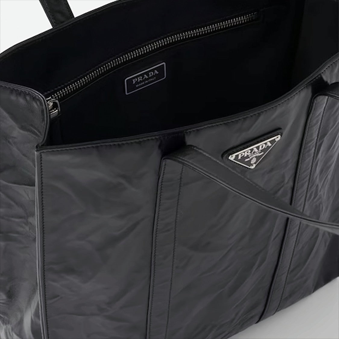 Prada Wrinkled Nappa Leather Small Tote Bag With Logo Plaque