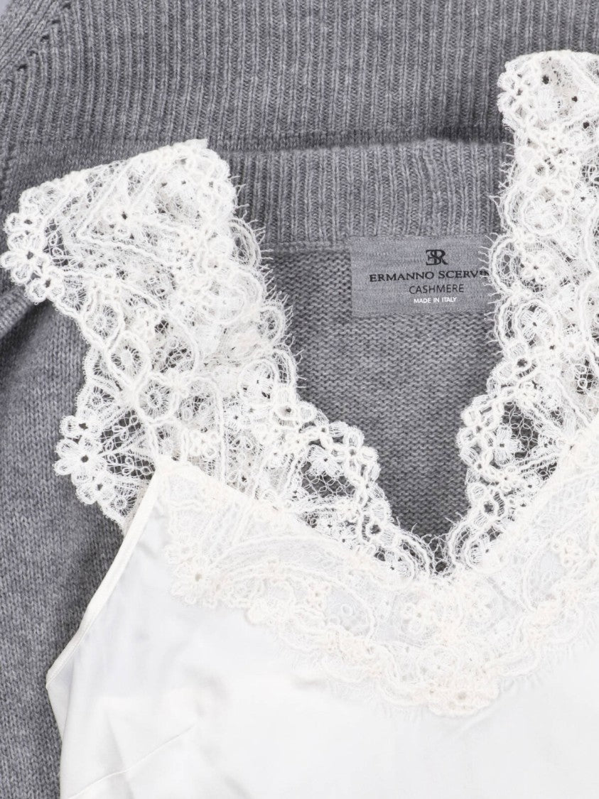 Ermanno Scervino Grey V-Neck Lace Cashmere Mini Dress