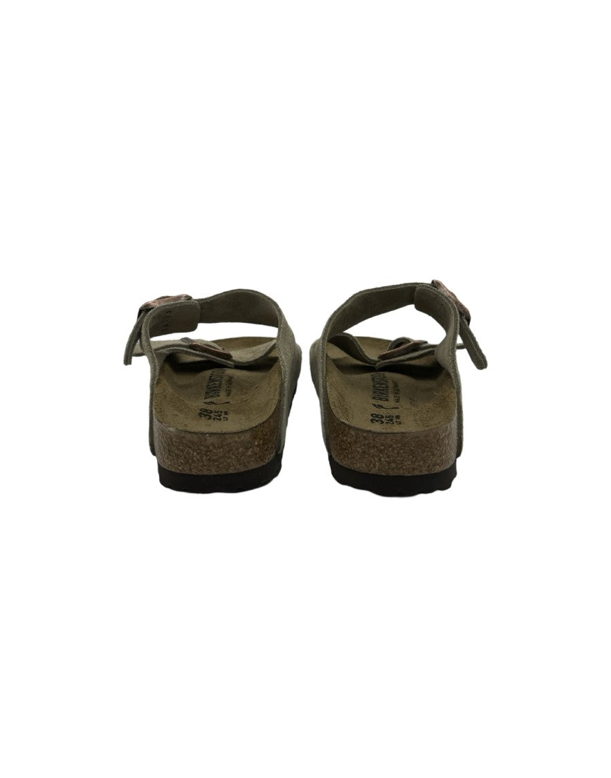 Birkenstock Suede Taupe Sandals With Adjustable Metallic Buckles