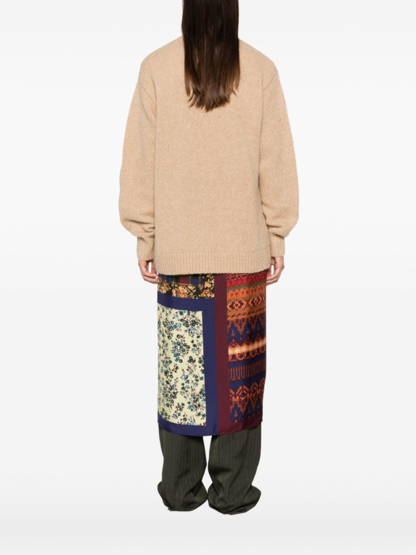 Dries Van Noten Ecru Loose Fit Deep V-Neck Knit Cardigan