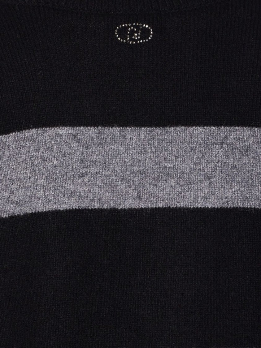 Liu Jo V-Neck Striped Crop Sweater With Rhinestone Detail