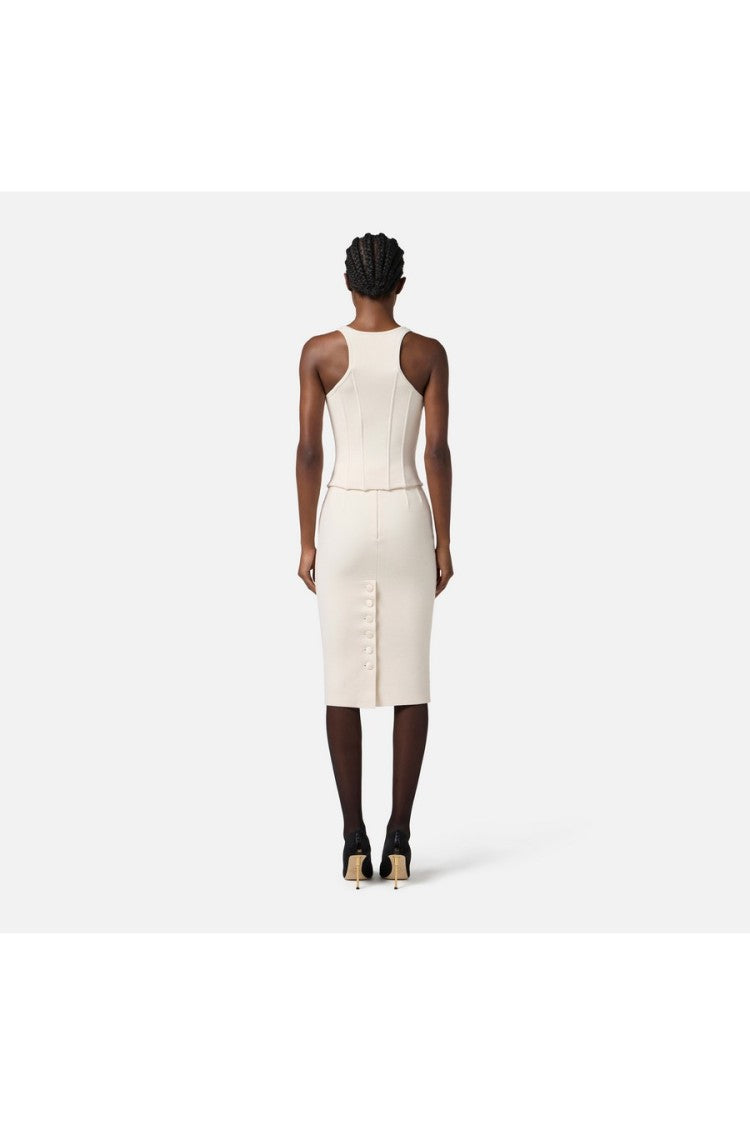 Elisabetta Franchi Milk Ribbed Wool-Blend Pencil Slit Midi Skirt
