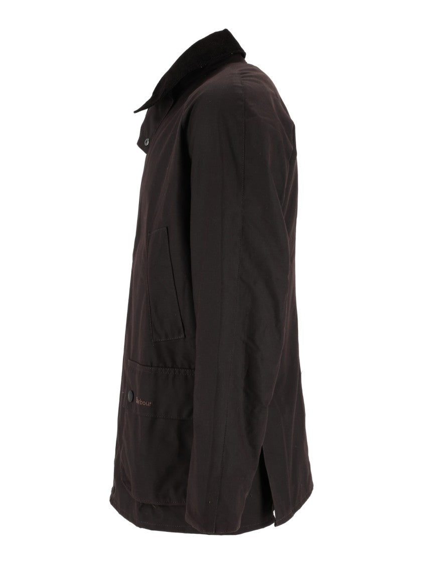 Barbour Matt Finish Waxed Cotton Jacket With Corduroy Collar And Flap Pockets
