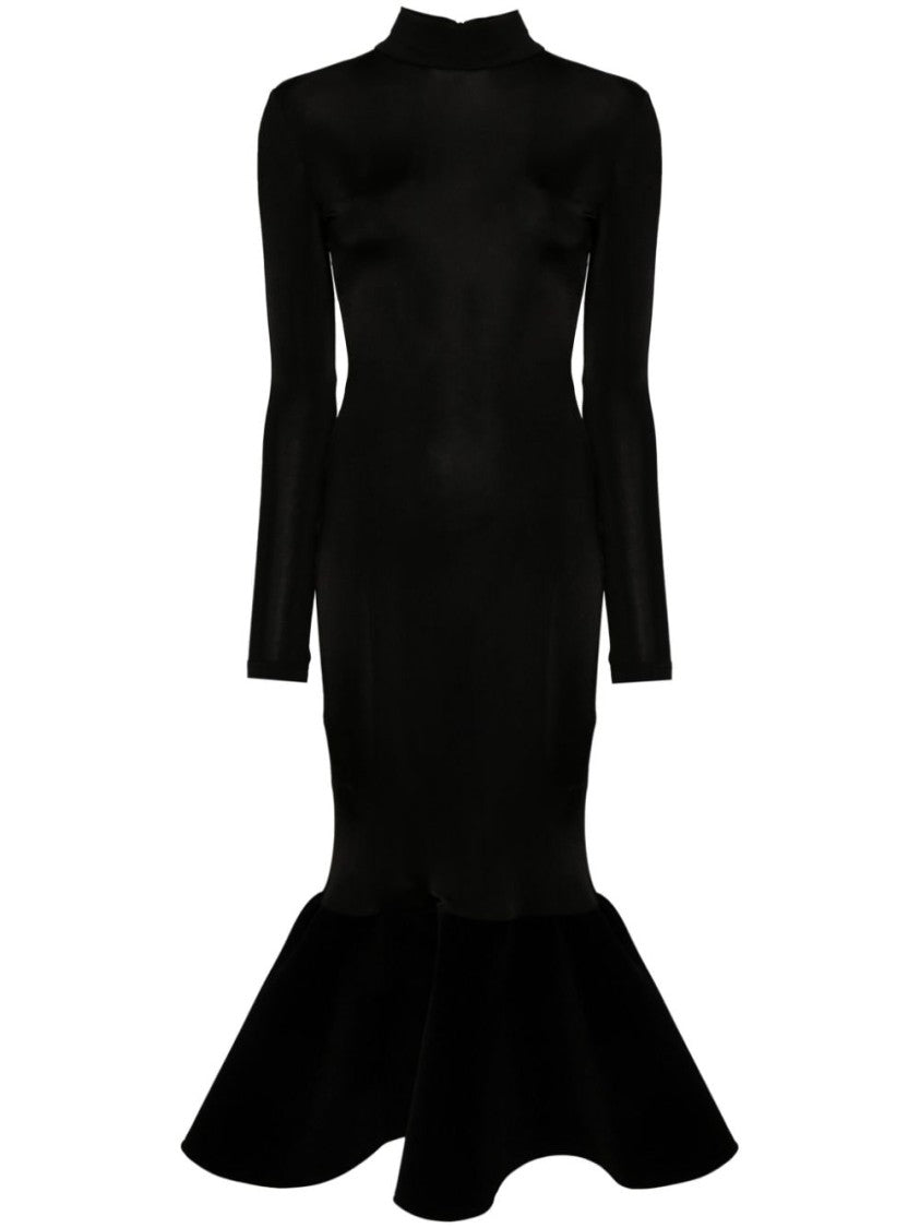 David Koma Flounce Velvet Hem Long Sleeve Midi Dress
