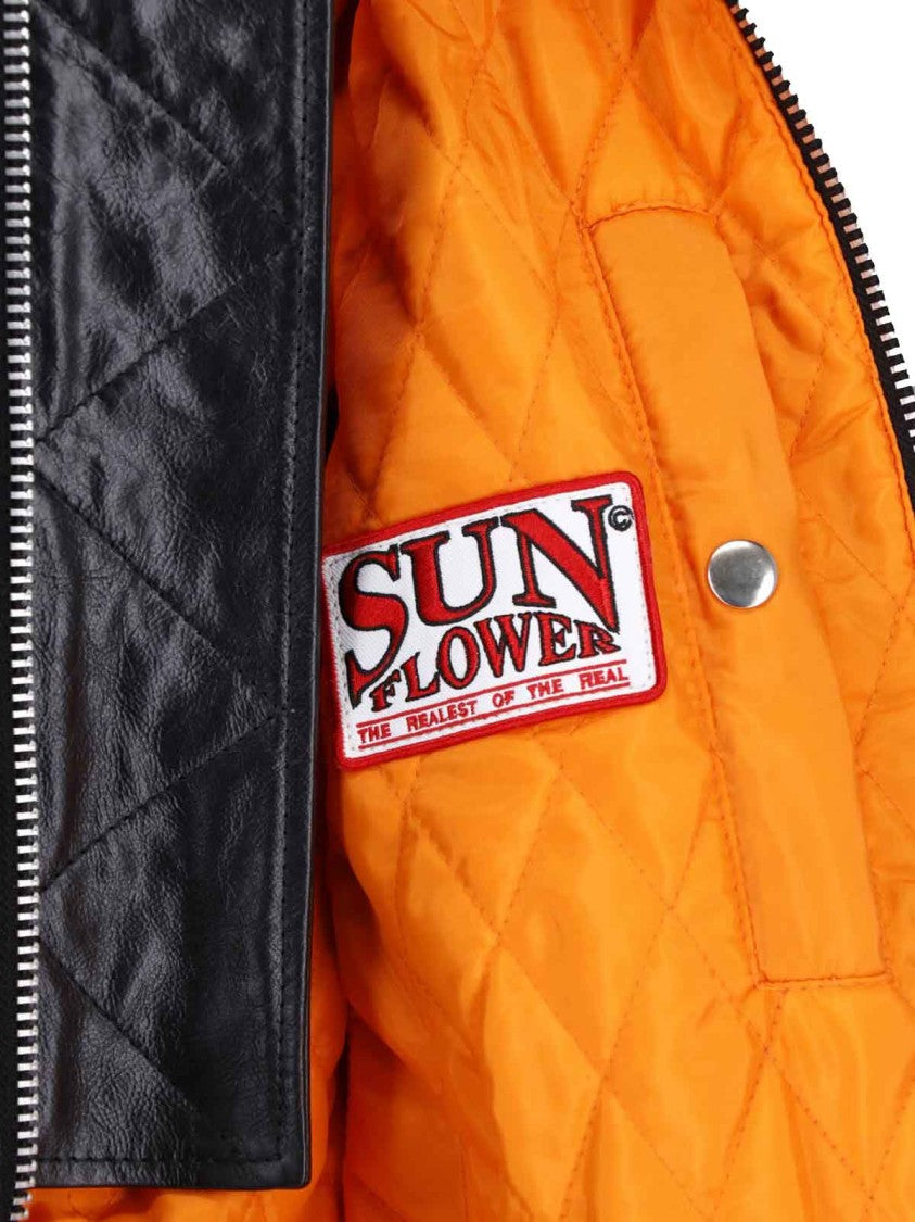 Sunflower Black Leather Ribbed Details Bomber Jacket