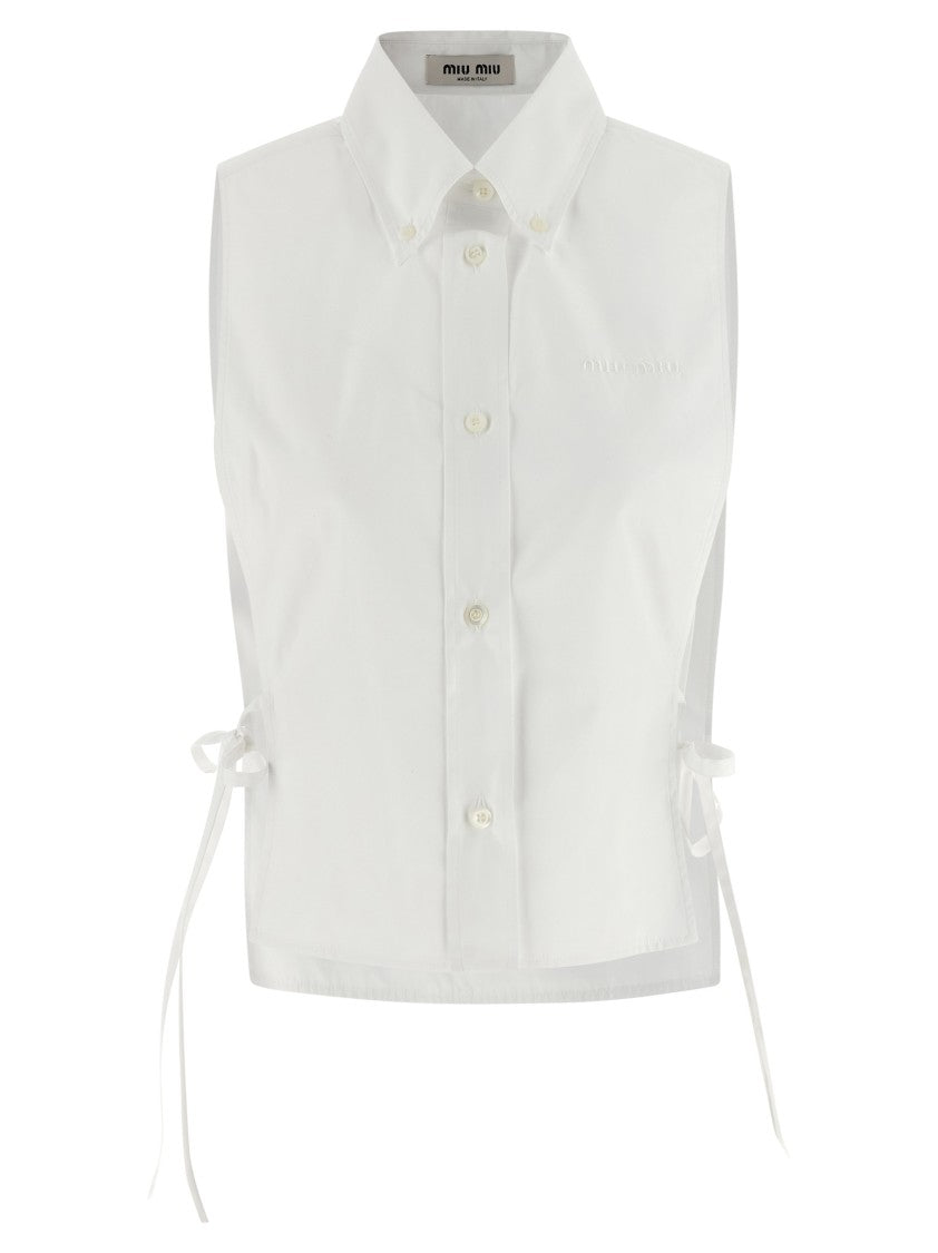 Miu Miu Asymmetric Hem Vest Shirt With Ribbon Ties And Logo Embroidery