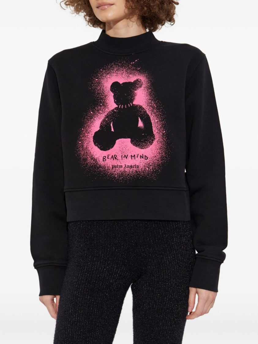 Palm Angels Cropped Black And Fuchsia Graphic Sweatshirt