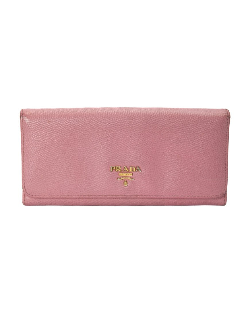 Prada Saffiano Leather Wallet With Gold-Tone Hardware And Double Clip Closure
