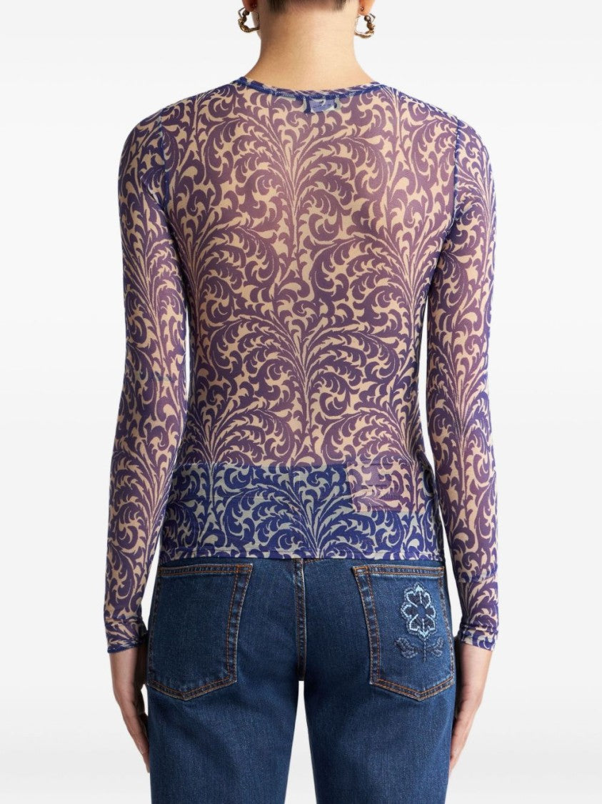 Etro Semi-Sheer Crew Neck Long Sleeve Top
