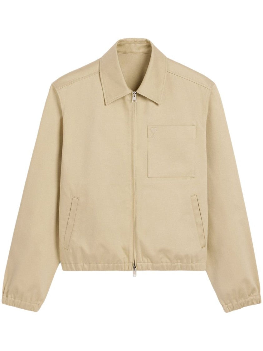 Ami Beige Cotton Zip Jacket With Logo Embroidery
