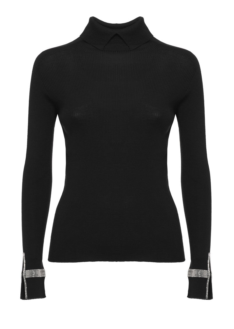 D. Exterior Black High Neck Ribbed Embellished Cuffs Wool Sweater