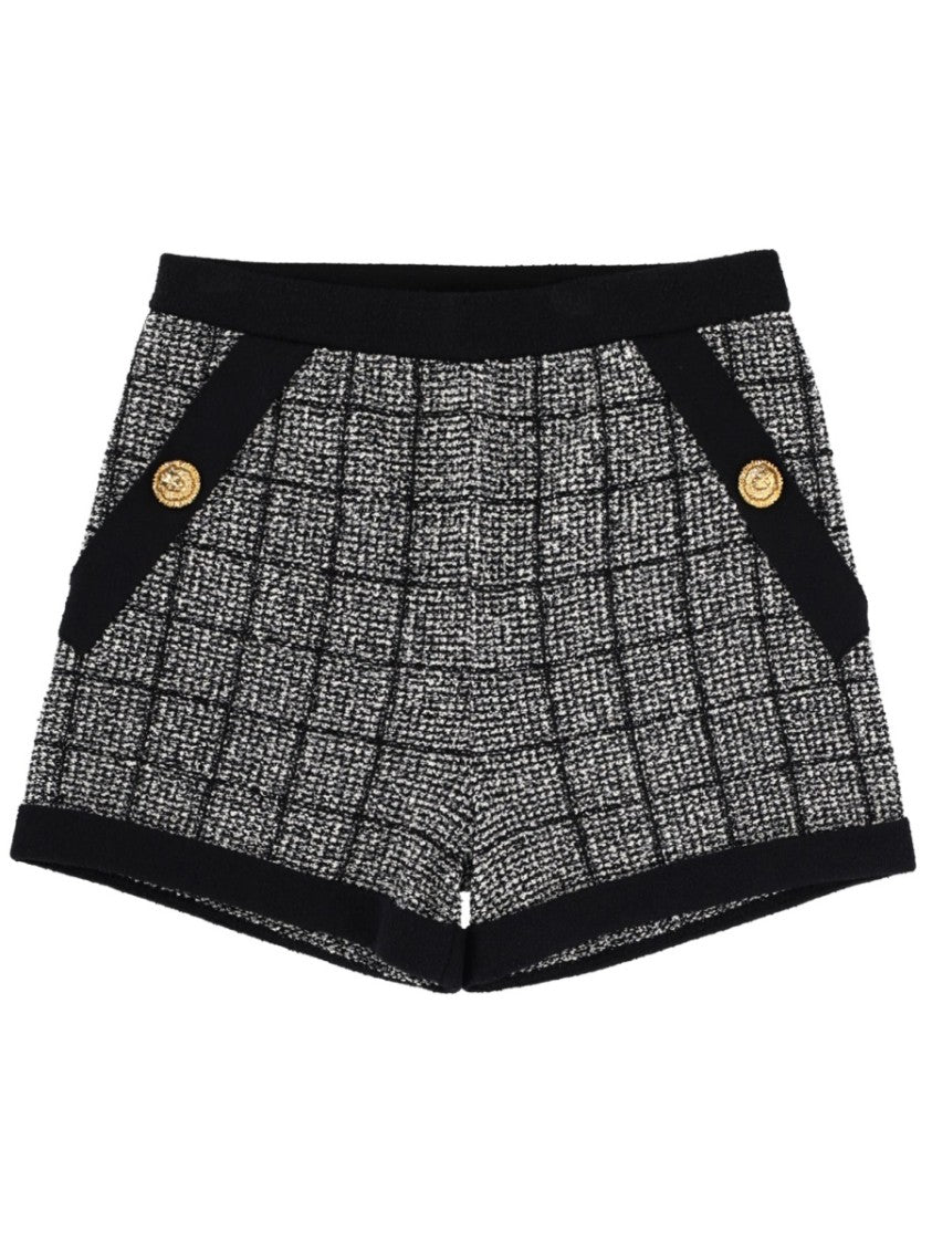 Balmain Cotton Tweed Checkered Front Pockets Shorts