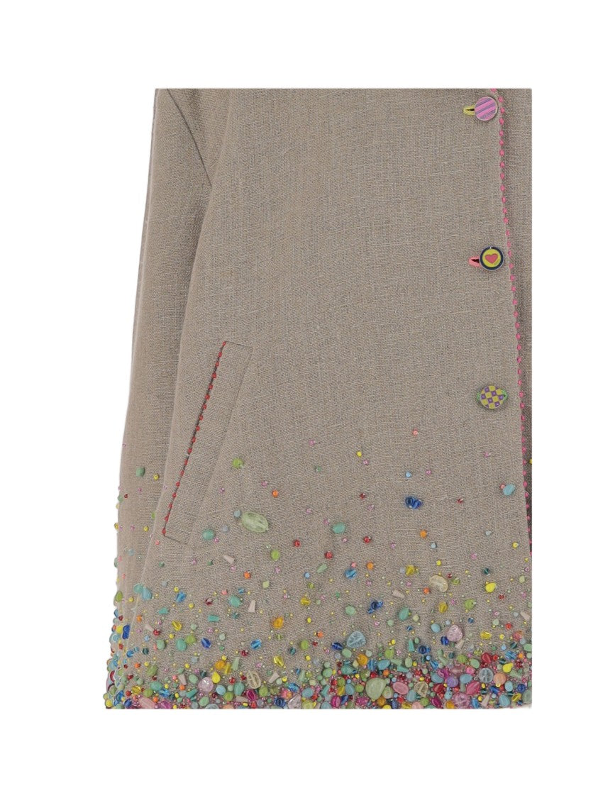Pero Beige Linen Jacket With Bead Appliqué