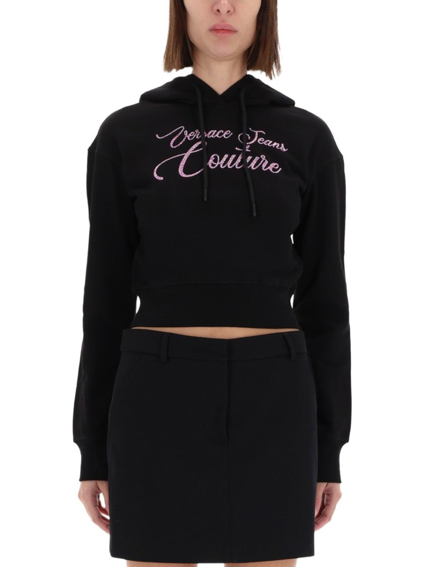 Versace Jeans Couture Black Cropped Embroidered Sweatshirt