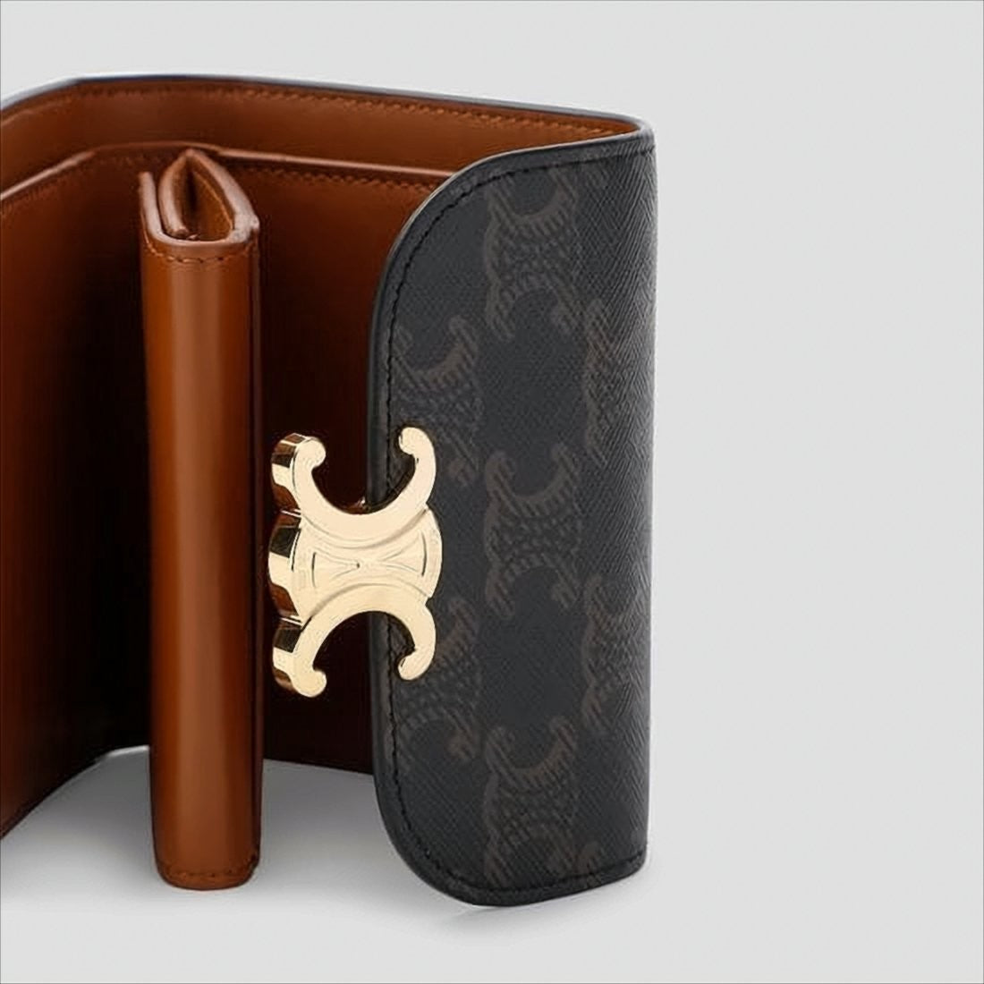 Celine Textured Calf Leather Compact Wallet With Gold-Tone Clasp