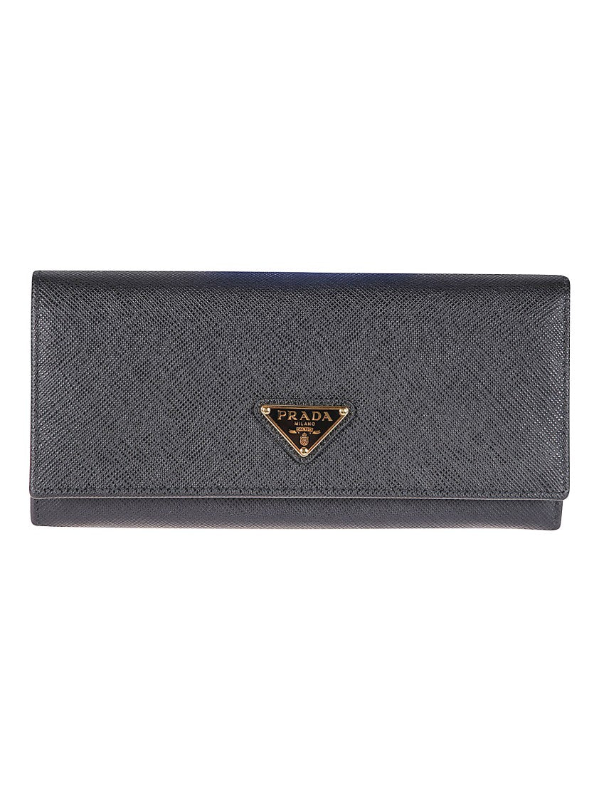 Prada Textured Black Flap Wallet With Gold-Tone Zipper