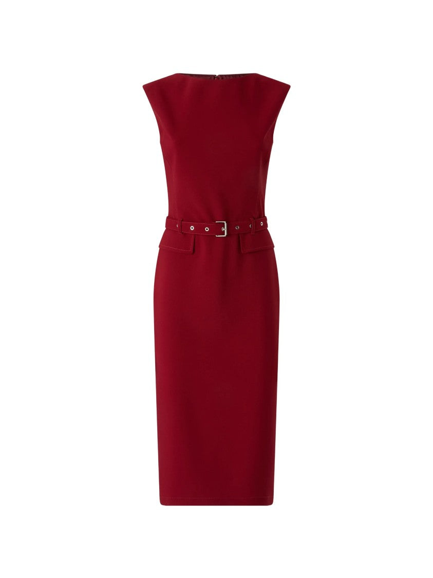 Pinko Fitted Red Crepe Midi Dress With Matching Belt