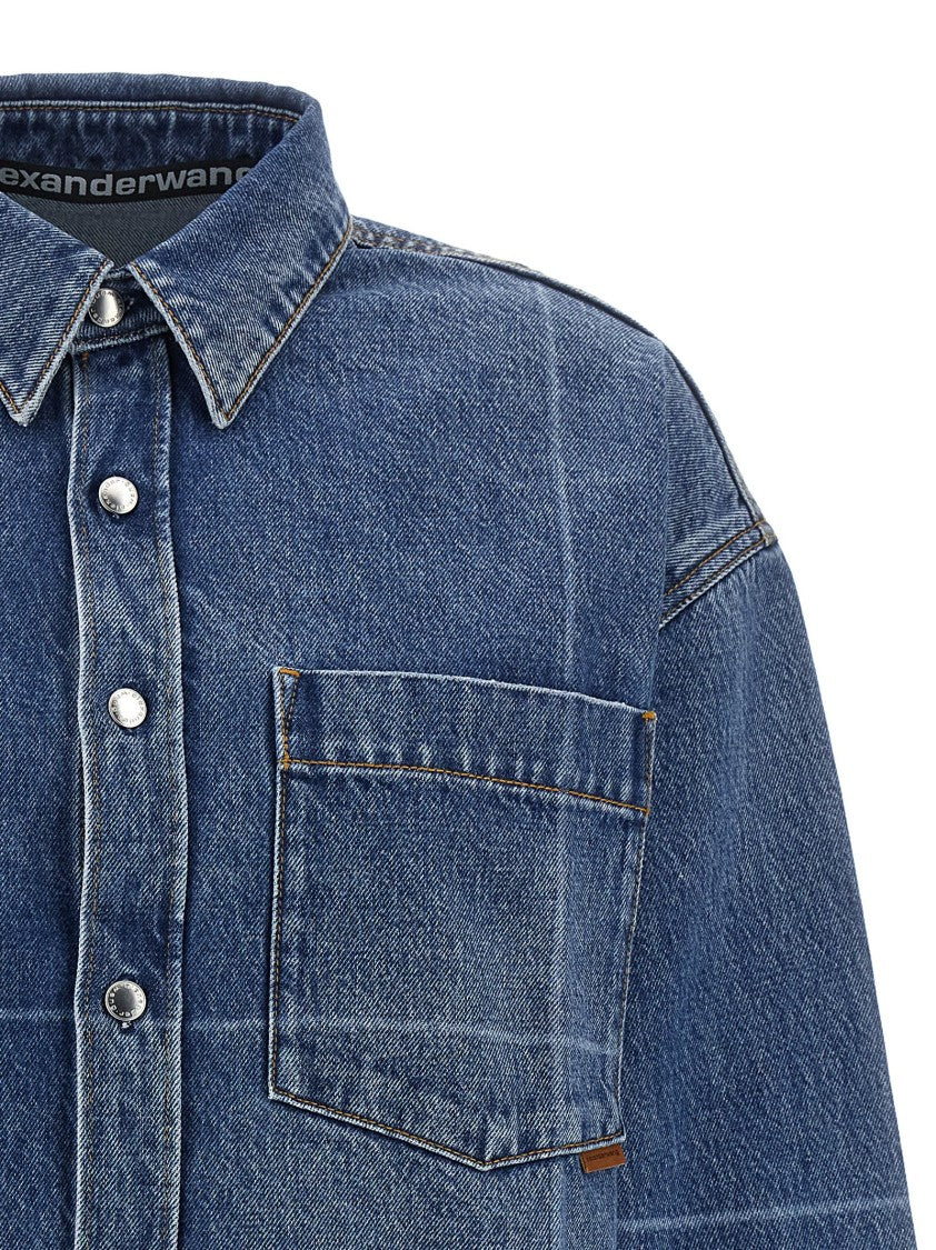 Denim X Alexander Wang Cropped Heavy Cotton Denim Shirt With Geometric Fading