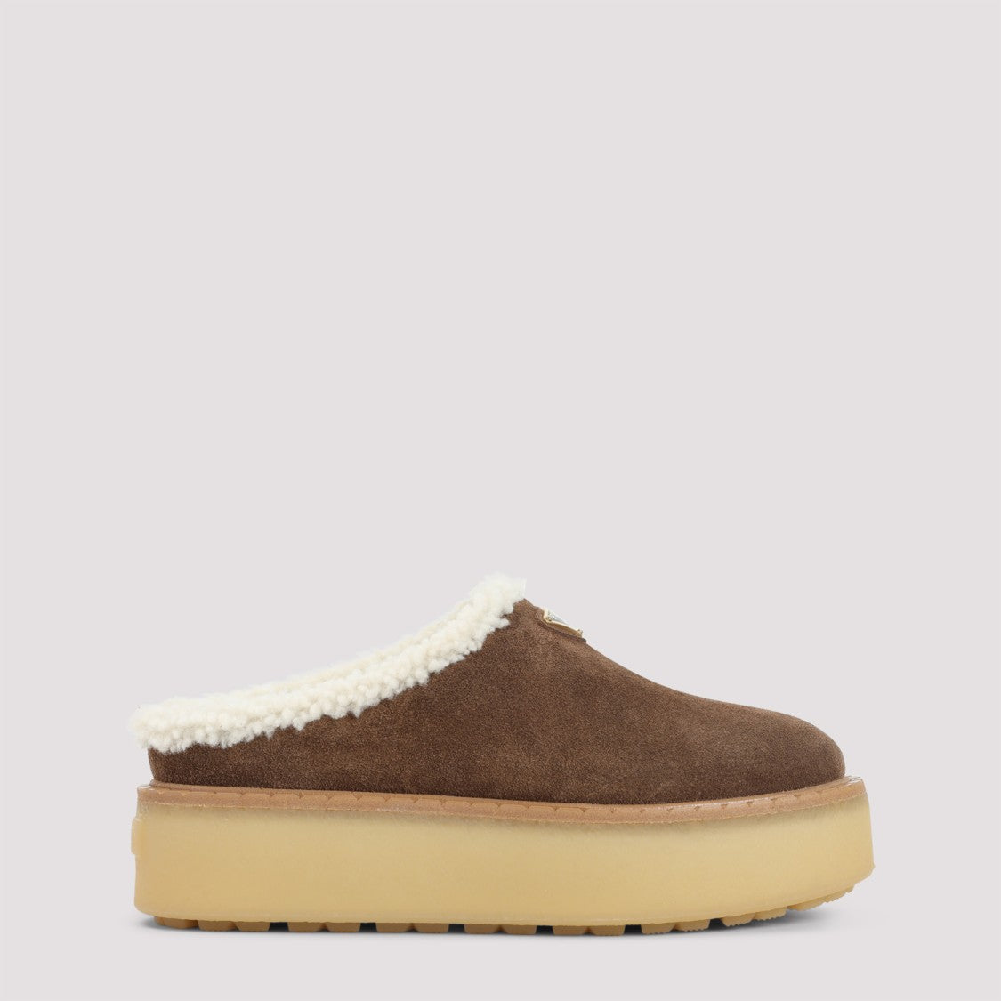 Prada Brown Slippers With Plush Shearling Lining