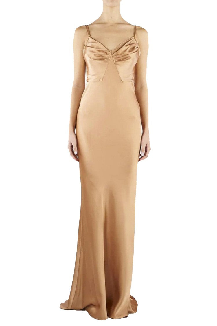Elisabetta Franchi Gold Polyester-Elastane Tie-Front Slip Gown