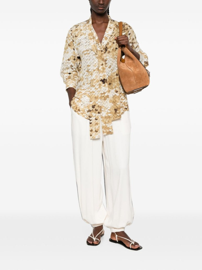 Moschino Silk And Nylon Scalloped Patterned Top With Tie Detail