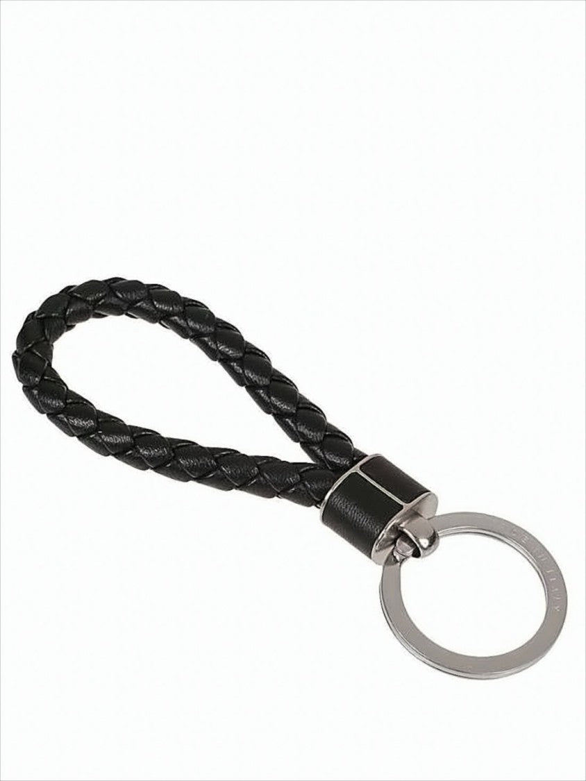 Bottega Veneta Braided Lambskin Black Keyring With Polished Metal Ring