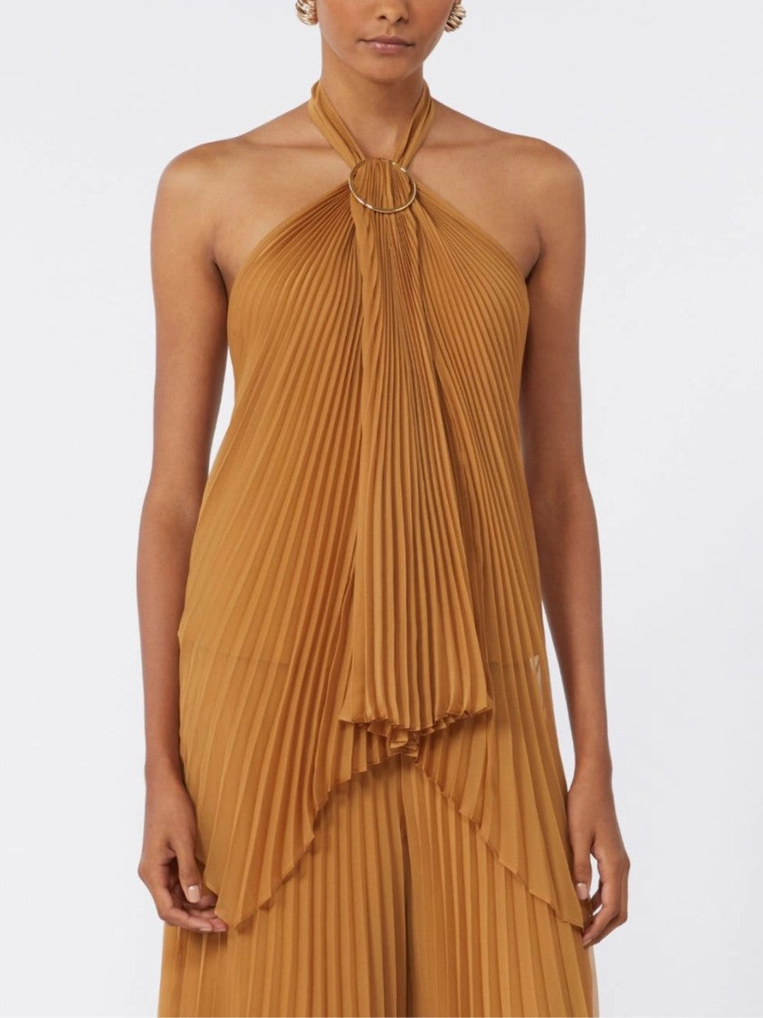 Max Mara Brown Pleated Knot Halter Neck Top