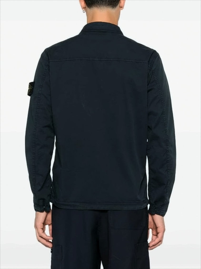 Stone Island Long-Sleeve Black Casual Shirt With Zip Pocket And Patch Logo