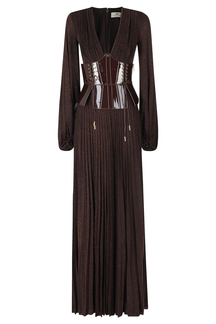 Elisabetta Franchi Brown Pleated Lurex Viscose-Blend Midi Dress