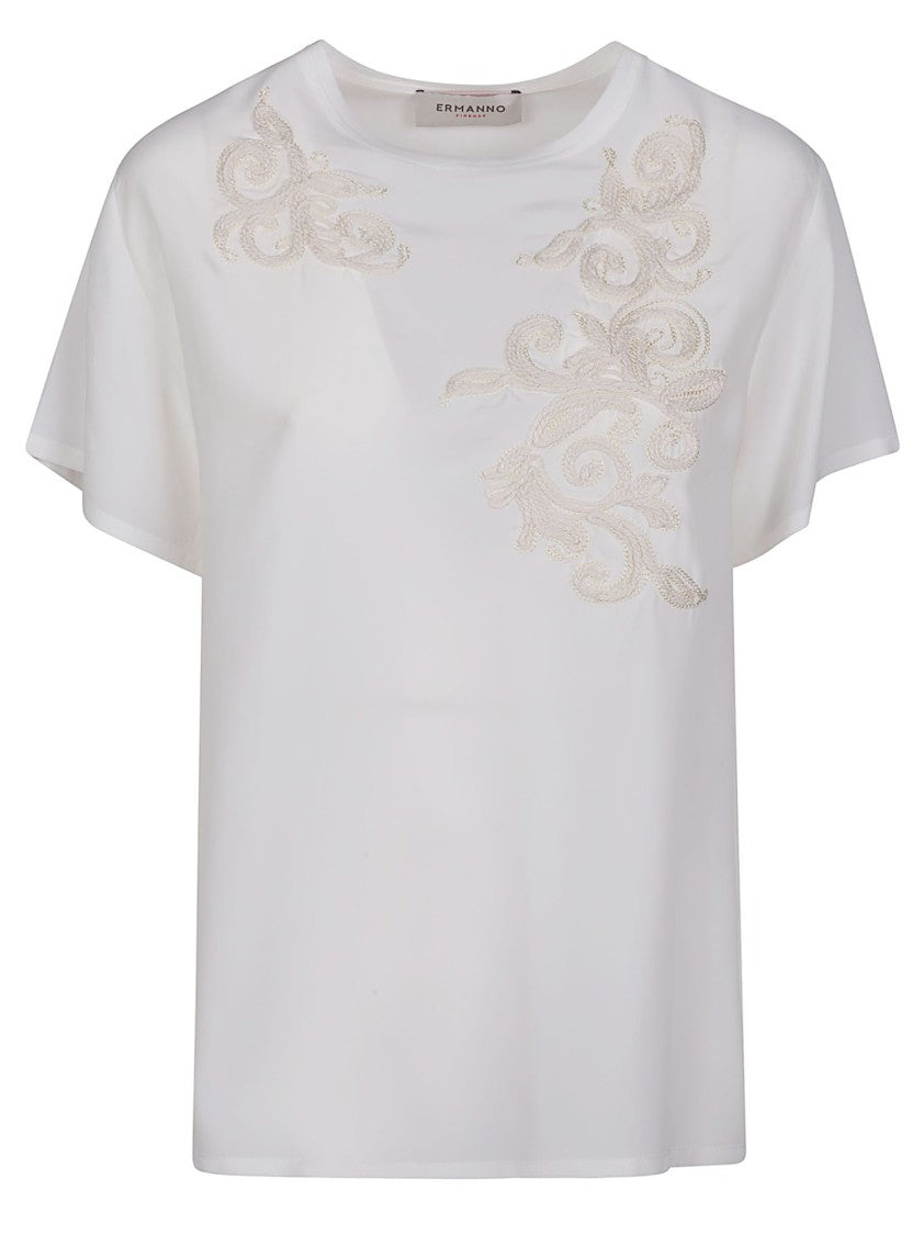 Ermanno Firenze Round Neck Embroidered Acetate Top