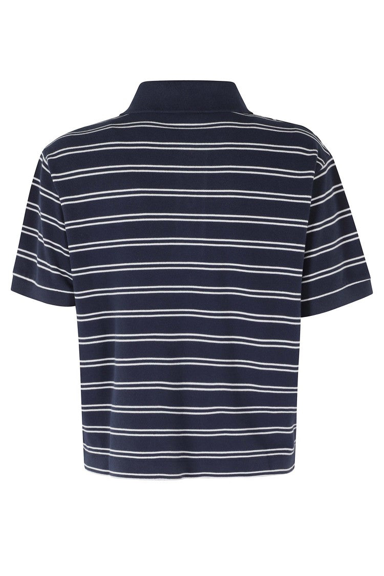 Sporty And Rich Navy Blue Signature Logo Striped Boxy Cotton Polo Shirt