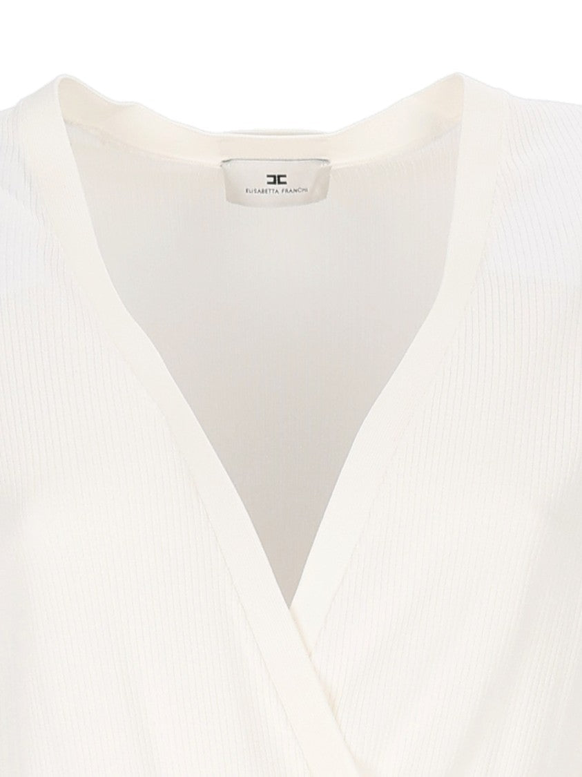 Elisabetta Franchi Long-Sleeved Bodysuit With Deep V-Neckline And Ribbed Texture
