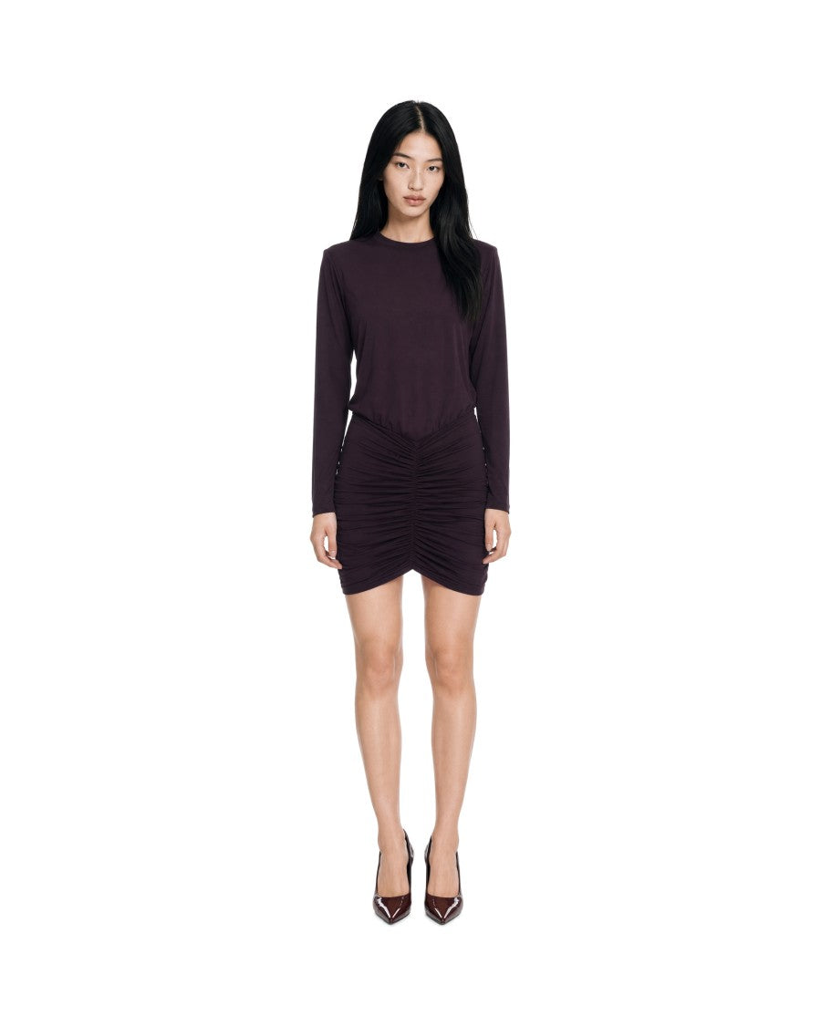 The Andamane Burgundy Structured Shoulder Ruched Viscose-Blend Mini Dress