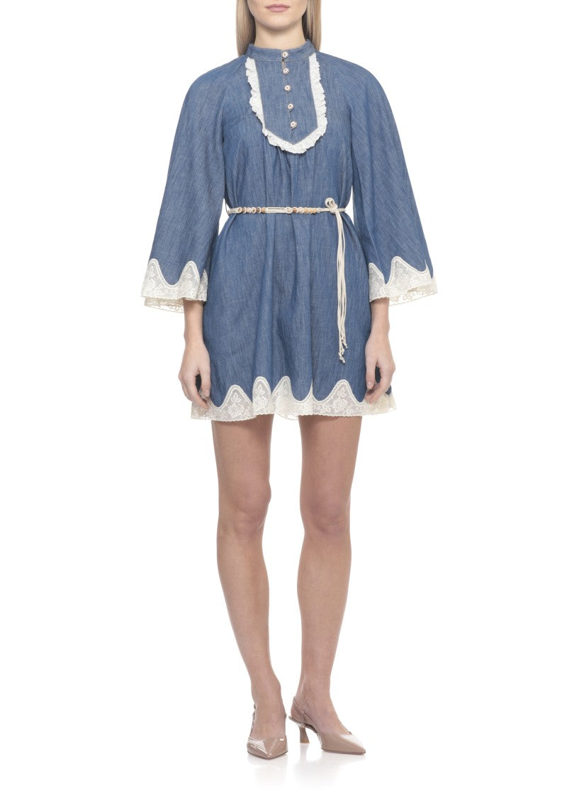 Zimmermann Denim Mini Dress With Scalloped Lace Detailing