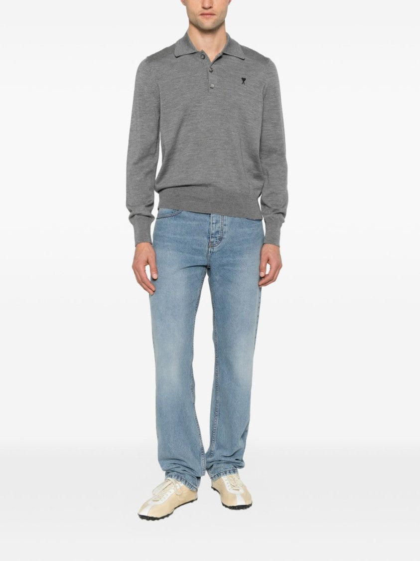 Ami Paris Medium Grey Long-Sleeve Polo Shirt With Classic Collar
