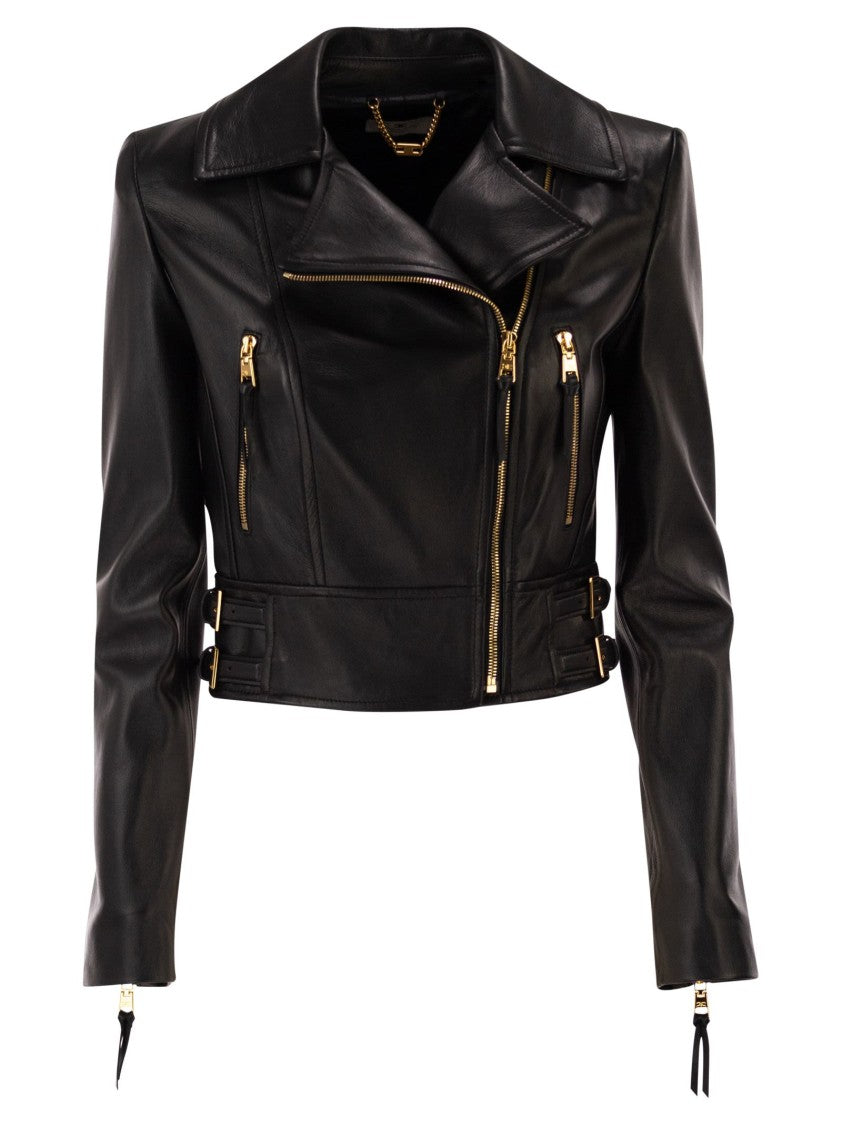 Elisabetta Franchi Classic Leather Biker Jacket With Structured Shoulders